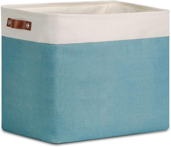 DULLEMELO Large Collapsible Storage Basket/Bin with Sturdy Leather Handles, Fabric Organizer Bin for Storage Clothes, Toys, Books, Office, Bedroom, Closet, Nursery & Laundry (White&Teal)-NeatNest
