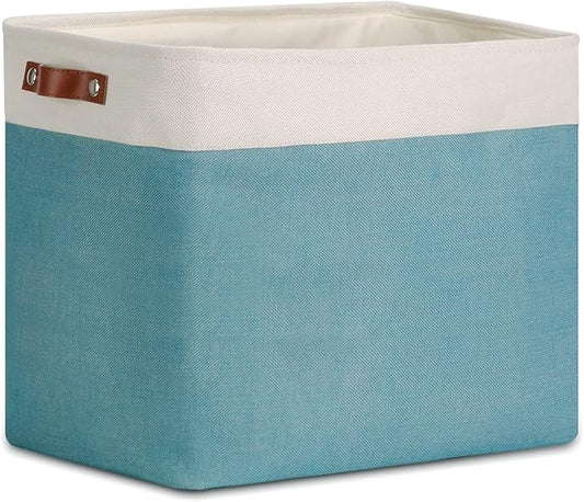 DULLEMELO Large Collapsible Storage Basket/Bin with Sturdy Leather Handles, Fabric Organizer Bin for Storage Clothes, Toys, Books, Office, Bedroom, Closet, Nursery & Laundry (White&Teal)-NeatNest
