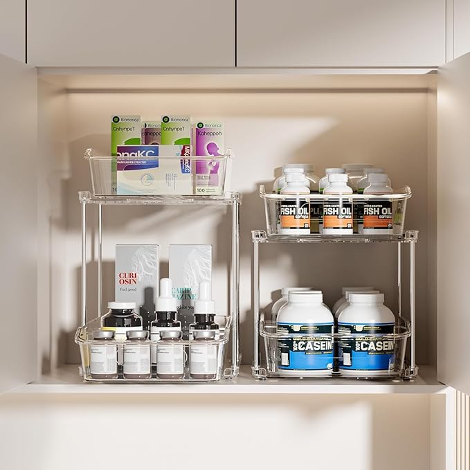 Delamu 2 Sets of 2-Tier Clear Under Sink Organizers and Storage, Multi-Purpose Stackable Bathroom Cabinet organizers, Pull Out Kitchen Pantry Organization and Storage with Dividers-NeatNest