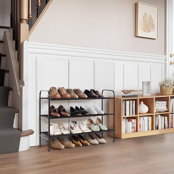 MAX Houser 3 Tier Free Standing Shoe Rack, Metal Shoe Storage Shelf for 9-12 Pairs, Easy to Assemble, Entryway, Bedroom, Black-NeatNest