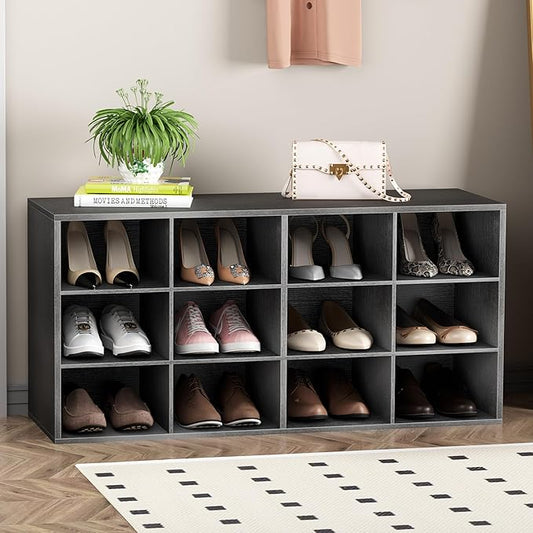 Garden 4 you Shoe Storage Bench, Cubby Shoe Rack with 12 Cubbies, 3-Tier Wood Shoe Rack Organizer, Shoe Organizer Cabinet for Entryway, Hallway, Closet and Garage, Black-NeatNest