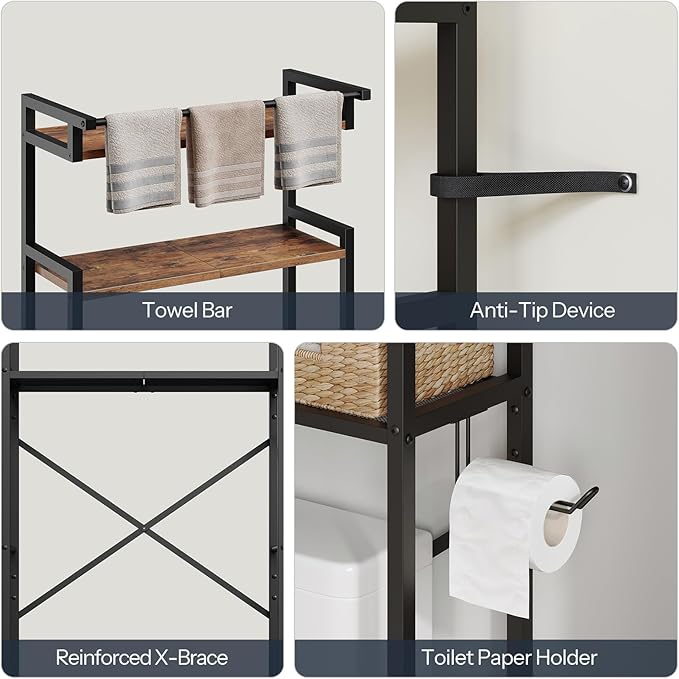 HOOBRO Over-The-Toilet Storage Rack, 3-Tier Bathroom Shelves Above Toilet, Bathroom Organizer with Toilet Paper Hook, Laundry Room, Space Saver, Rustic Brown and Black BF21TS01