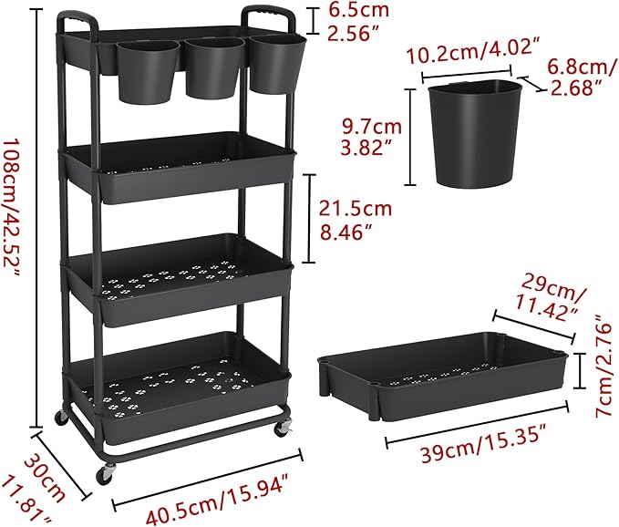 JIUYOTREE 4-Tier Plastic Rolling Storage Cart Utility Cart with Extra Hanging Cups Handles Lockable Wheels for Living Room Bathroom Kitchen Office Black-NeatNest