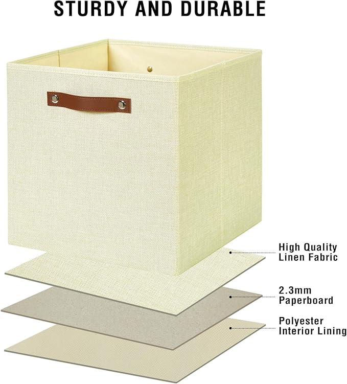Collapsible Fabric Storage Cube Bins with 2 Reinforced PU Handles, Foldable Storage Organizer Baskets for Closet, Shelves, Living Room | 13"x13"x13", 4 Pack, Full Beige-NeatNest