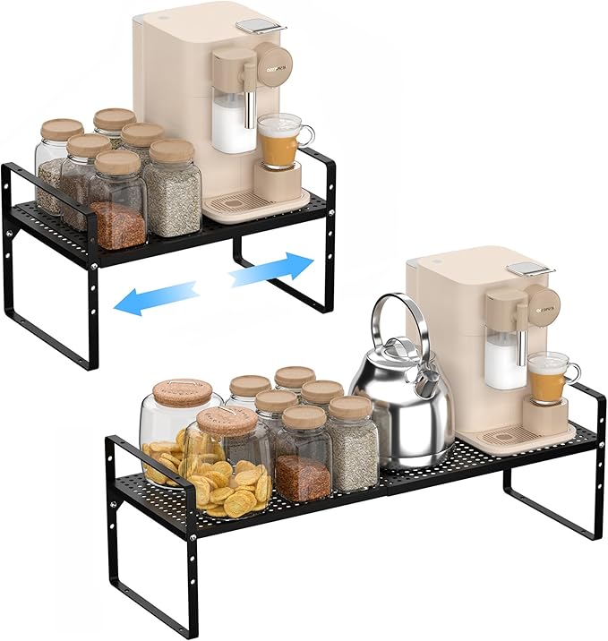 iPEGTOP 3 Pack Large Expandable Cabinet Storage Shelf, Heavy Duty Stackable Steel Metal Spice Rack Adjustable Height Home Office Pantry Garage Shelves for Counter Kitchen Organization, Black-NeatNest