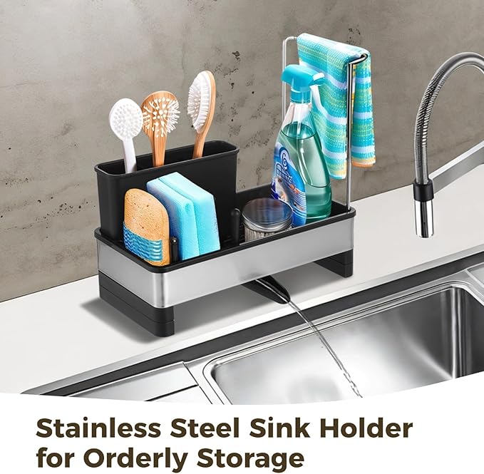 Kitchen Sink Organizer with Drain Tray, Stainless Steel and Plastic Sink Caddy, Adjustable Divider and Towel Rack, Includes Brush Holder and Non-Slip Base, Perfect for Kitchen Cleaning Tools