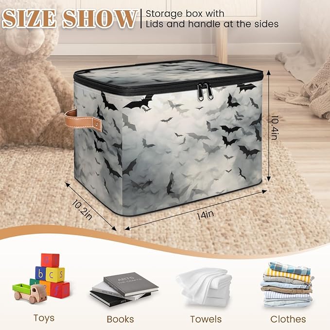 Halloween Bats Storage Bins with Lids, Black Bat Fabric Storage Boxes with Zipper, Collapsible Decorative Closet Organizer Cube for Clothes,Organizing, Shelves-NeatNest