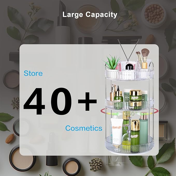 360 Rotating Makeup Organizer for Vanity, Large Capacity Spinning Perfume Organizer, Bathroom Organizer, Cosmetic Skincare Holder Organizer for Countertop (Silver Clear, 3 Tier)-NeatNest