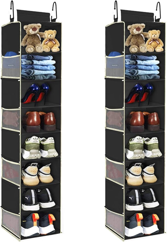 2 Pack Large-Sized Hanging Shoe Organizer 8-Shelf, Hanging Closet Organizer with 8 Side Pockets, Wider Hanging Shelves for Storage Shoes Clothes 9" W × 11.8" D× 48" H, Black.-NeatNest