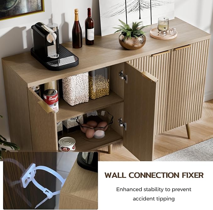 47.2" Sideboard Buffet Cabinet with Storage, Modern Fluted Accent Credenza with 4 Doors, Buffet Media Console Entryway Cabinet with Adjustable Shelve for Living Dining Room Hallway, Natual Oak-NeatNest