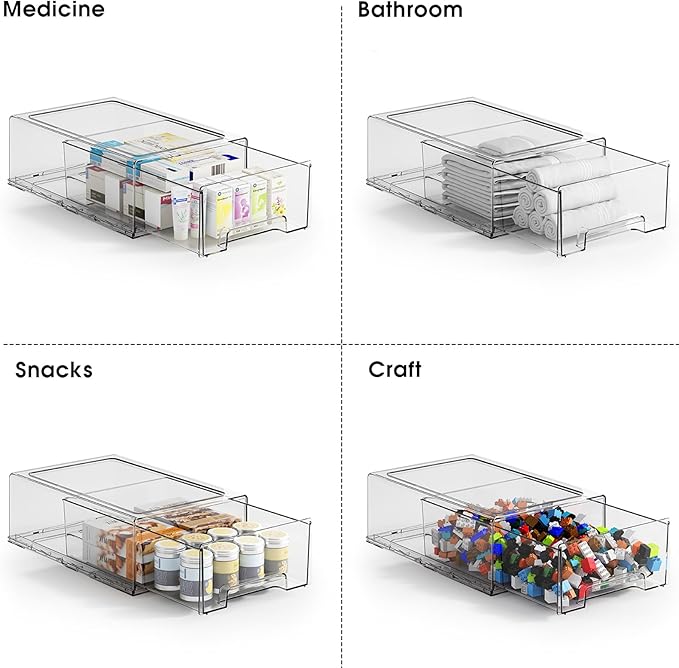 2 Pack Plastic Drawer Storage, Clear Stackable Storage Drawers Large Storage Bins with Drawers, Acrylic Drawer Organizer for Office Supplies, Desktop, Craft, Pantry, Shelves, Bathroom, Under Sink-NeatNest