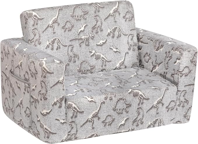 ALIMORDEN 2-in-1 Flip Out Cuddly Sherpa Toddler Couch, Convertible Sofa to Lounger, Glow in The Dark,Dinosaurs-NeatNest