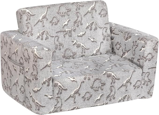 ALIMORDEN 2-in-1 Flip Out Cuddly Sherpa Toddler Couch, Convertible Sofa to Lounger, Glow in The Dark,Dinosaurs-NeatNest