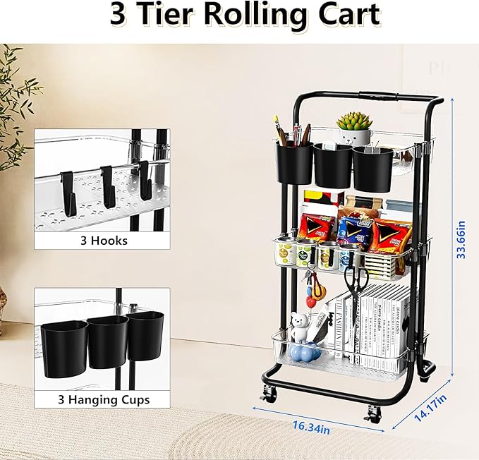 3 Tier Rolling Cart with Metal Handle, Hanging Cups, Hooks, Plastic Storage Baskets & Wheels Lockable, Utility Craft Cart for Bathroom Classroom Office Kitchen Pantry Organizers and Storage, Clear-NeatNest