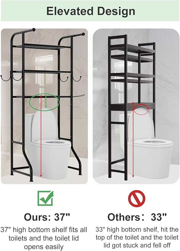 3-Tier Over The Toilet Storage Shelf，Bathroom Organizers and Storage Over Toilet，Metal Bathroom Space Saver with 2 Bars，1 Paper Holder and 4 Hooks,Black