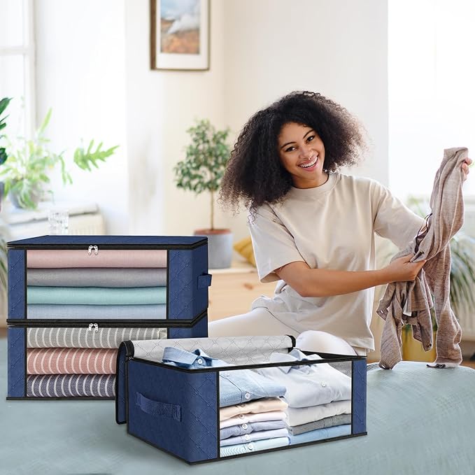 HomeHacks Storage 8-Pack Clothes Organizer Storage Bags Foldable Storage Box with Large Clear Window Sturdy Handles for Closet, Dorm, Pillows, Bedding, Clothes, Blankets, 35L, Blue-NeatNest