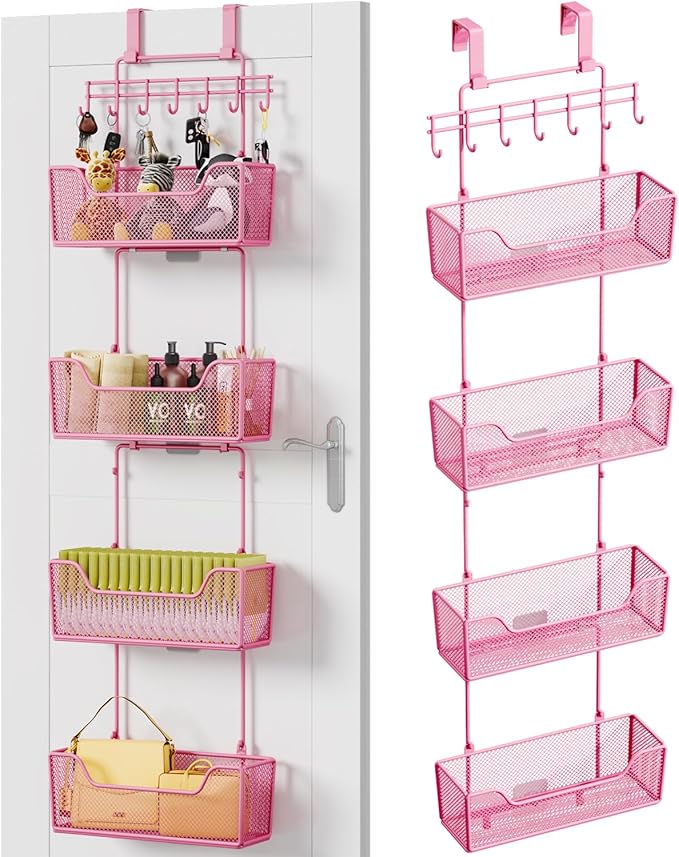 HapiRm Over Door Organizer Storage - Hanging Door Organizer with 4 Metal Large Capacity Baskets and Adjustable Coat Hook for Bathroom Bedroom Kitchen Pantry Closet Cabinet-NeatNest