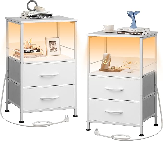 WLIVE White Night Stand Set of 2 with Charger Station, LED Nightstand with 2 Fabric Drawers and Storage Shelf, Bedside Tables with 3 USB Ports and 2 Outlets, Small Dresser for Bedroom,Small Space