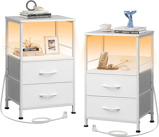 WLIVE White Night Stand Set of 2 with Charger Station, LED Nightstand with 2 Fabric Drawers and Storage Shelf, Bedside Tables with 3 USB Ports and 2 Outlets, Small Dresser for Bedroom,Small Space