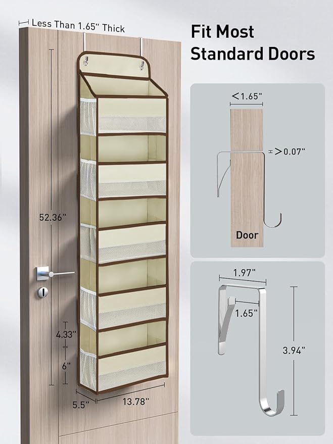 Yecaye 2 Pc Over the Door Organizer with 5 Bins 10 Side Pockets, 44lbs Load Hanging Bathroom and Bedroom Organizer, behind the Door Hanging Organizers for Nursery Newborn Baby Essential Stuff Beige-NeatNest