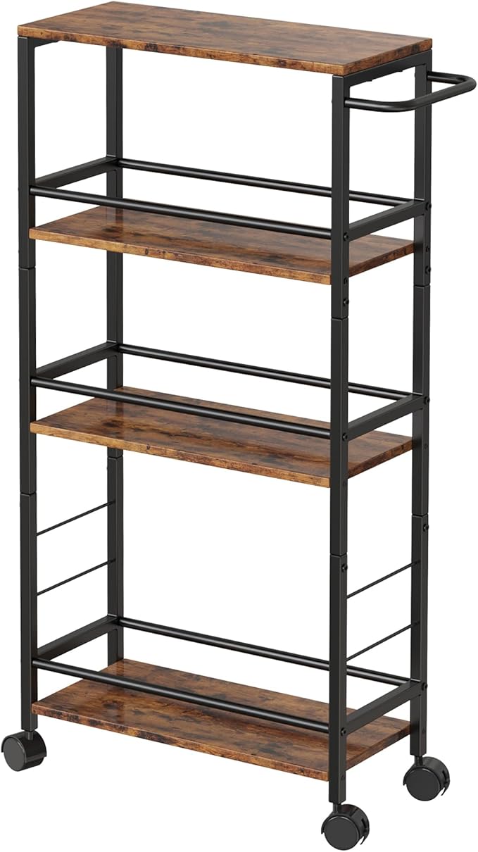 Slim Rolling Cart, 4-Tier Kitchen Storage Rolling Cart, Narrow Cart with Handle,Mobile Utility Cart for small Space, Shelving Unit for Kitchen,Dining Room,Living Room,Home Office,Laundry Room
