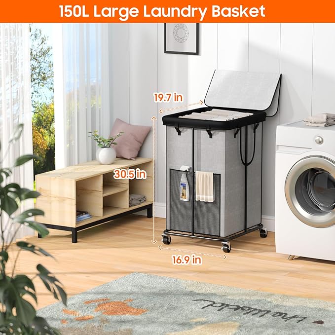 150l Laundry Hamper with Lid, Rolling Laundry Basket with Wheels, Large & Tall Dirty Clothes Hamper with Metal Frame and Removable Bag for Bedroom Aesthetic, Laundry Room, Bathroom, Dorm-Grey