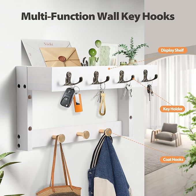 2 Pack Key Holder with 14 Hooks, Wall Hooks with Shelf, Mail Organizer with Hooks, 4 in 1 Coat and Key Hanger Shelf with Mail Holder for Entryway Living Room, Bedroom （White