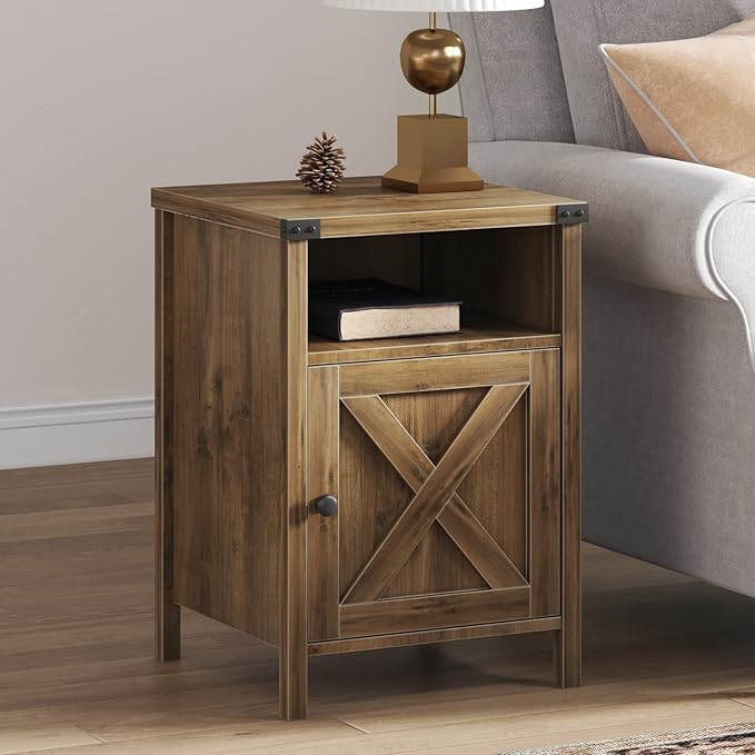 Catrimown Farmhouse Nightstand, Side Table End Table with Barn Door and Shelf, Modern Bed Side Table End Table, Rustic Nightstands Set for Bedroom, Living Room, Oak, 13.8D x 15.8W x 23.7H in-NeatNest