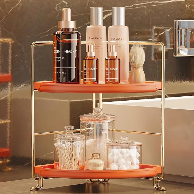 FSyueyun 2-Tier Corner Bathroom Counter Organizer, Tool-Less Installation Corner Vanity Organizer Small Plastics Countertop Makeup Tray Skincare Perfume Organizers (Gold & Orange)-NeatNest