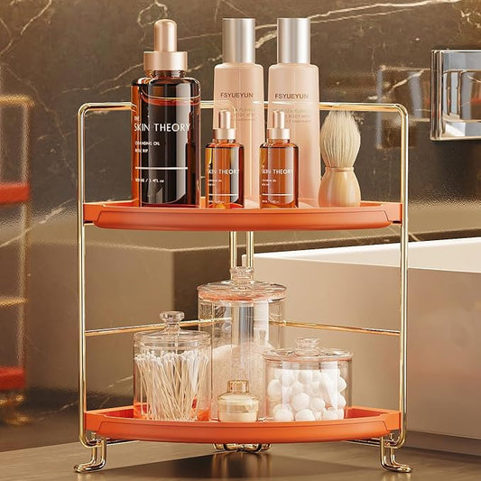 FSyueyun 2-Tier Corner Bathroom Counter Organizer, Tool-Less Installation Corner Vanity Organizer Small Plastics Countertop Makeup Tray Skincare Perfume Organizers (Gold & Orange)-NeatNest
