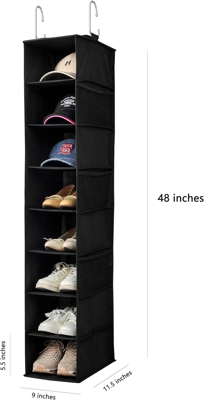 Hanging Shoe Organizer for Closet with Side Mesh Pockets，Hat Racks for Baseball Caps，Shoe and Hat Holder & Storage，8-Shelf，Black，2 Pack-NeatNest