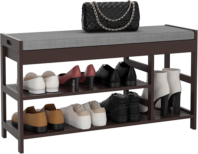 HIFIT Bamboo Shoe Bench Rack with Storage, Entryway Storage Bench with Padded Seat, Shoe Oiganizer Shelf for Entryway Mudroom Bathroom Foyer, Vintage
