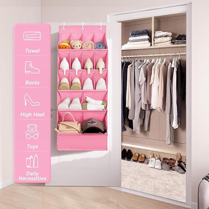 FENTEC 1 Pack Over-the-Door-Shoe-Organizers, Hanging Shoe Organizers with Large Pocket Shoe Holder Hanging Shoe Rack for Closet Shoe Organizer for Wall, Over Door Organizer with 15 Pockets Pink-NeatNest