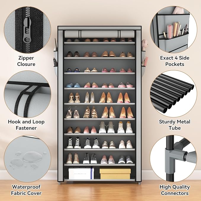 ROJASOP Shoe Rack with Covers, Stackable 10 Tier Tall Shoe Shelf Storage 50-55 Pairs Shoes and Boots Large Capacity Vertical Shoe Rack Organizer for Closet Entryway Garage Bedroom, Grey-NeatNest