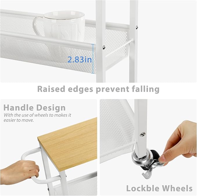 MOOACE Slim Storage Cart, 4 Tier Rolling Kitchen Shelving Unit on Wheels Mobile Narrow Cart with Wooden Tabletop for Bathroom, Laundry Narrow Places, 16.6''x 7.3''x 31.1''inch - White