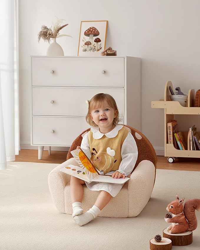 Blissful Diary Toddler Chair Comfy, Foam Kids Chair with Soft Teddy Plush, Toddler Reading Armchair with Cute Mushroom Designs- Brown-NeatNest