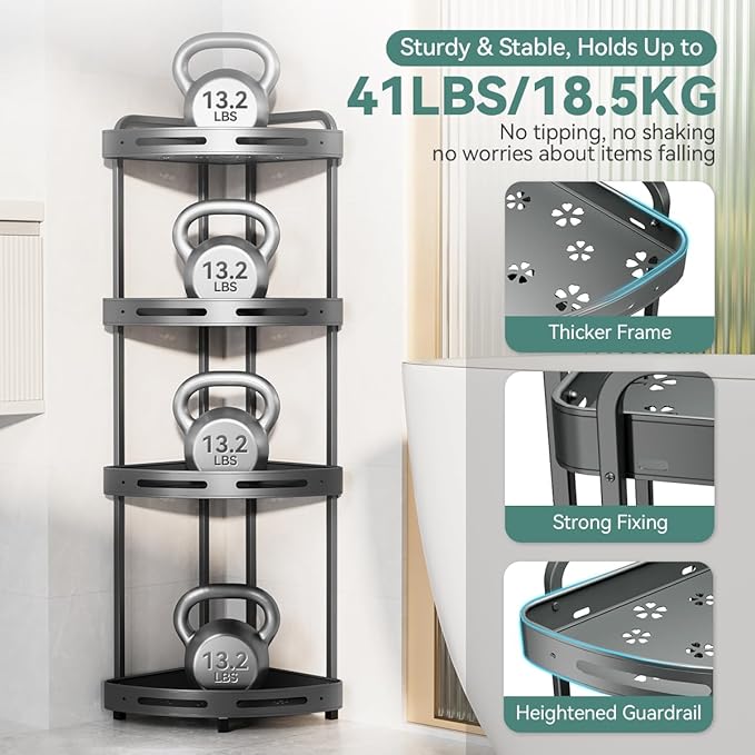 Corner Shower Caddy Stand, 4 Tier Rustproof Standing Shower Organizer with Soap Holder, Aluminum Shower Shelf for Bathroom Storage, Gray