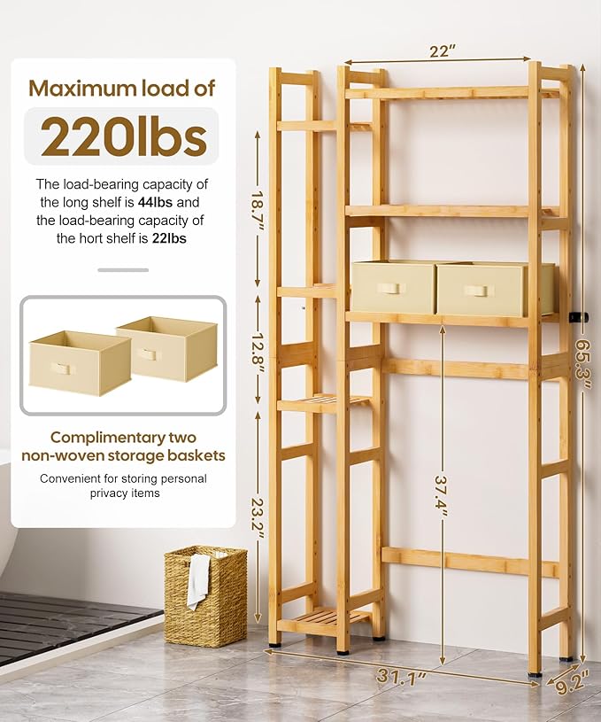 Homde Over The Toilet Storage with Basket and Drawer, Bamboo Bathroom Organizer with Adjustable Shelf & Waterproof Feet Pad, Space Saver Rack for Restroom, Laundry,Natural-NeatNest