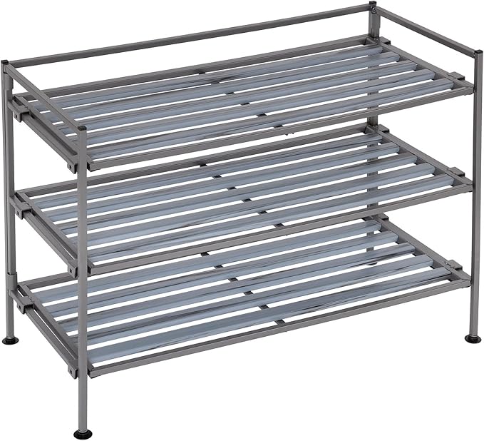 Seville Classics Sturdy Freestanding Storage Shelf for Bedroom, Closet, Entryway, Dorm Room Organizer Stackable Durable Metal Shoe Rack Silver Mist Slat, 3-Tier-NeatNest