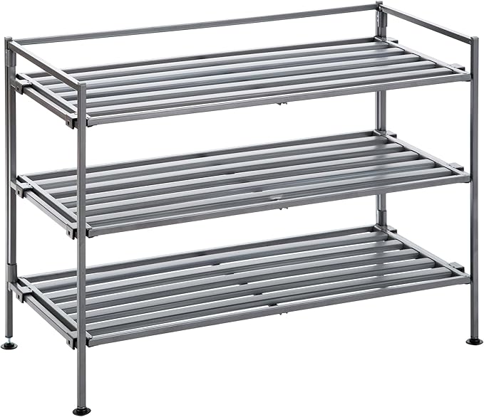 Seville Classics Sturdy Freestanding Storage Shelf for Bedroom, Closet, Entryway, Dorm Room Organizer Stackable Durable Metal Shoe Rack Ash Gray Slat, 3-Tier-NeatNest