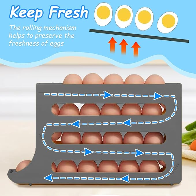 Egg Holder for Fridge, 4 Tiers Dispenser, 30 Egg Container Refrigerator, Large Capacity Organizer Automatic Fridge Rolling Egg Container for Pantry Countertop (Grey)