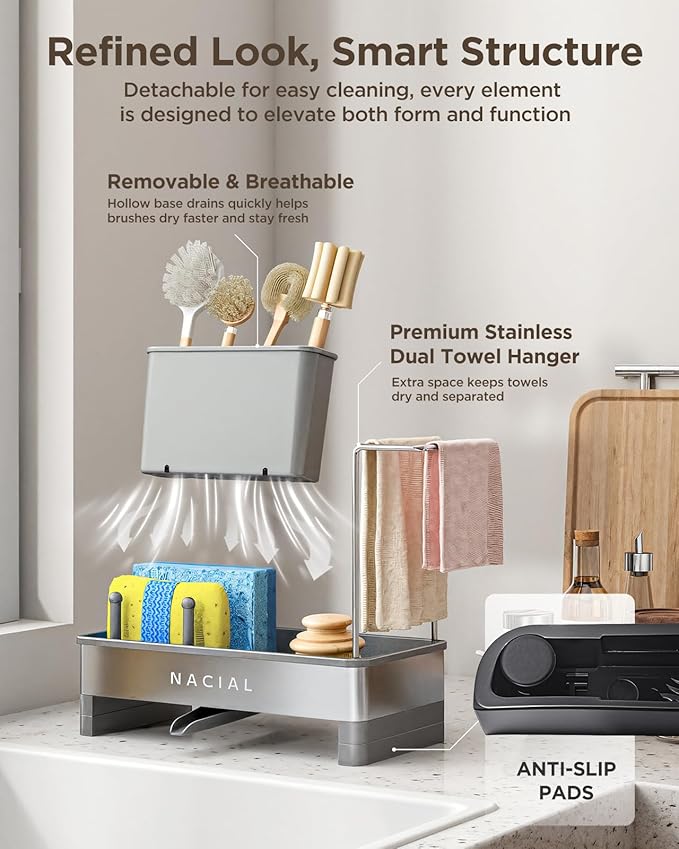 Nacial Sponge Holder for Kitchen Sink, Sink Caddy Organizer with High Brush Holder, Two Towel Racks & Soap Dispenser- Rustproof 304 Stainless Steel Kitchen Countertop Storage Essentials - Gris-NeatNest