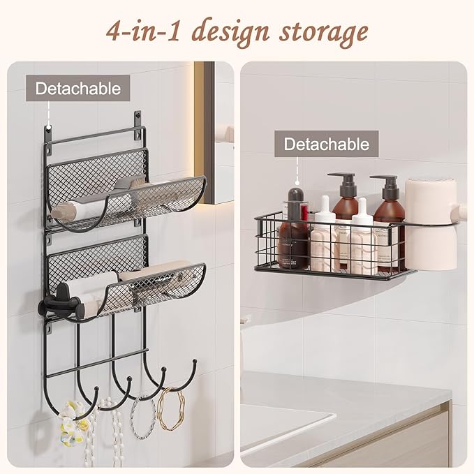4 tiers Hair Dryer Holder Styling Tool Organizer Wall-Mounted Storage Wire Basket with Hook Heat Safe Rack for Hair-Straighteners,Curling Wands,Flat Iron,Perfume,Cabinet Door Bathroom