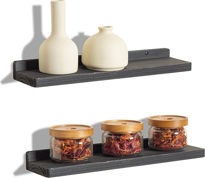 Freezing point Floating Shelves for Wall Set of 2 Natural Wood 16Inch Wall Shelf Decor Plant Display Collectibles Mounted Kitchen Bathroom Bedroom Corner Decorative Storage Stand Black-NeatNest