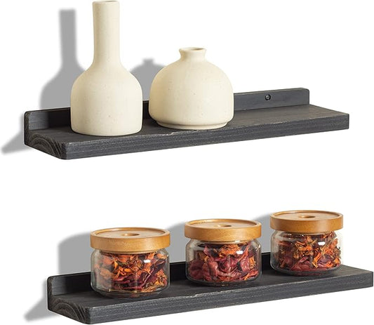 Freezing point Floating Shelves for Wall Set of 2 Natural Wood 16Inch Wall Shelf Decor Plant Display Collectibles Mounted Kitchen Bathroom Bedroom Corner Decorative Storage Stand Black-NeatNest