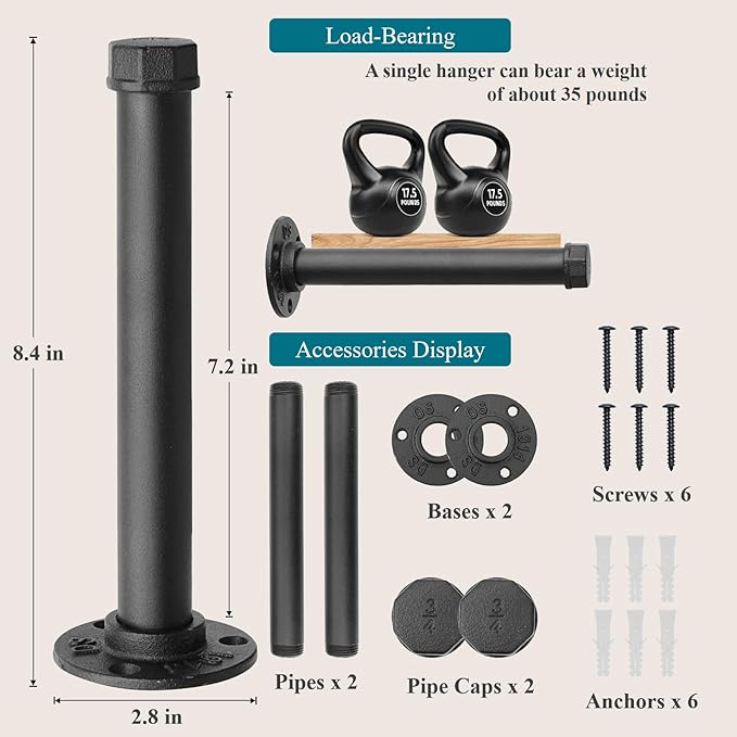 Cast Iron Wall Mounted Clothes Rack, Heavy Duty Industrial Pipe Clothing Rack for Hanging Clothes, Garment Racks for Wardrobe Organizers and Storage, DIY Closet Rods Closet Bar (Black 2 Pack, 8 in)-NeatNest