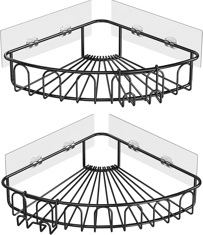 Orimade Corner Shower Caddy with 2 Hooks Wall Mounted Metal Bathroom Shelf Storage Organizer Adhesive No Drilling 2 Pack, Black Only for 90-Degree Corner