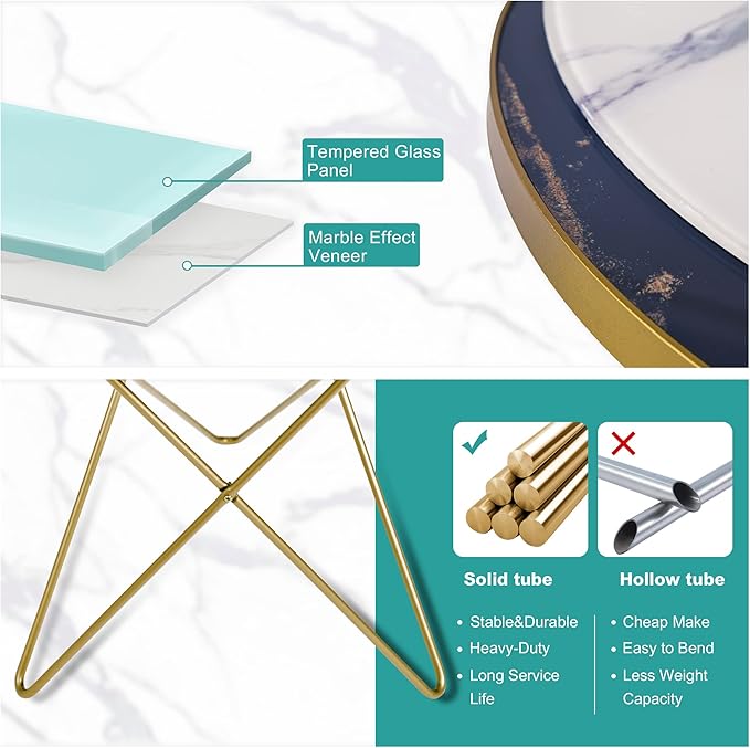 HLR Modern Round Side Table, End Table with Marble Effect Top and Gold Metal Frame, Small Side Table for Living Room, Bedroom, Sofa and Couch, Gold Legs, White Marble top