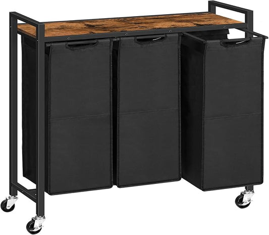 HOOBRO Laundry Sorter 3 Section, Laundry Hamper with Wheels, 3 × 11.5 Gal (43.5 L), Rolling Laundry Basket, Pull-Out and Removable Oxford Fabric Laundry Bags, Rustic Brown and Black BF76XY01-NeatNest