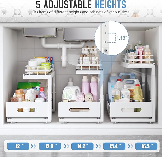 1 Pack Under Sink Organizer Upgrade To Professional Rails,2-Tier Dual Pull Out Cabinet Storage,Height Adjustable Slide Out Drawers For Bathroom Kitchen,Under Sink Shelf-White-NeatNest